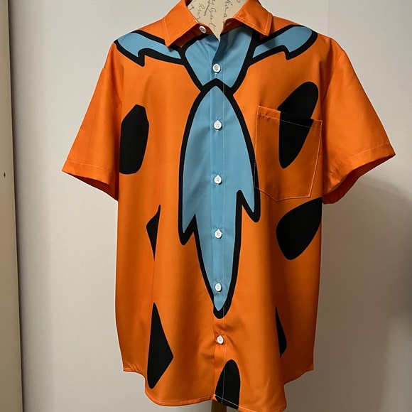 Fred Flintstone Bowling Cosplay Short Sleeve Shirt Sz L* Orange/Blue NWOT - Picture 2 of 4